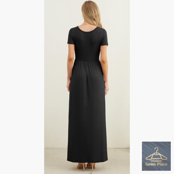 Summer Maxi Dress with Pockets, Short Sleeve Crew Neck, Relaxed Fit - Picture 6 of 7